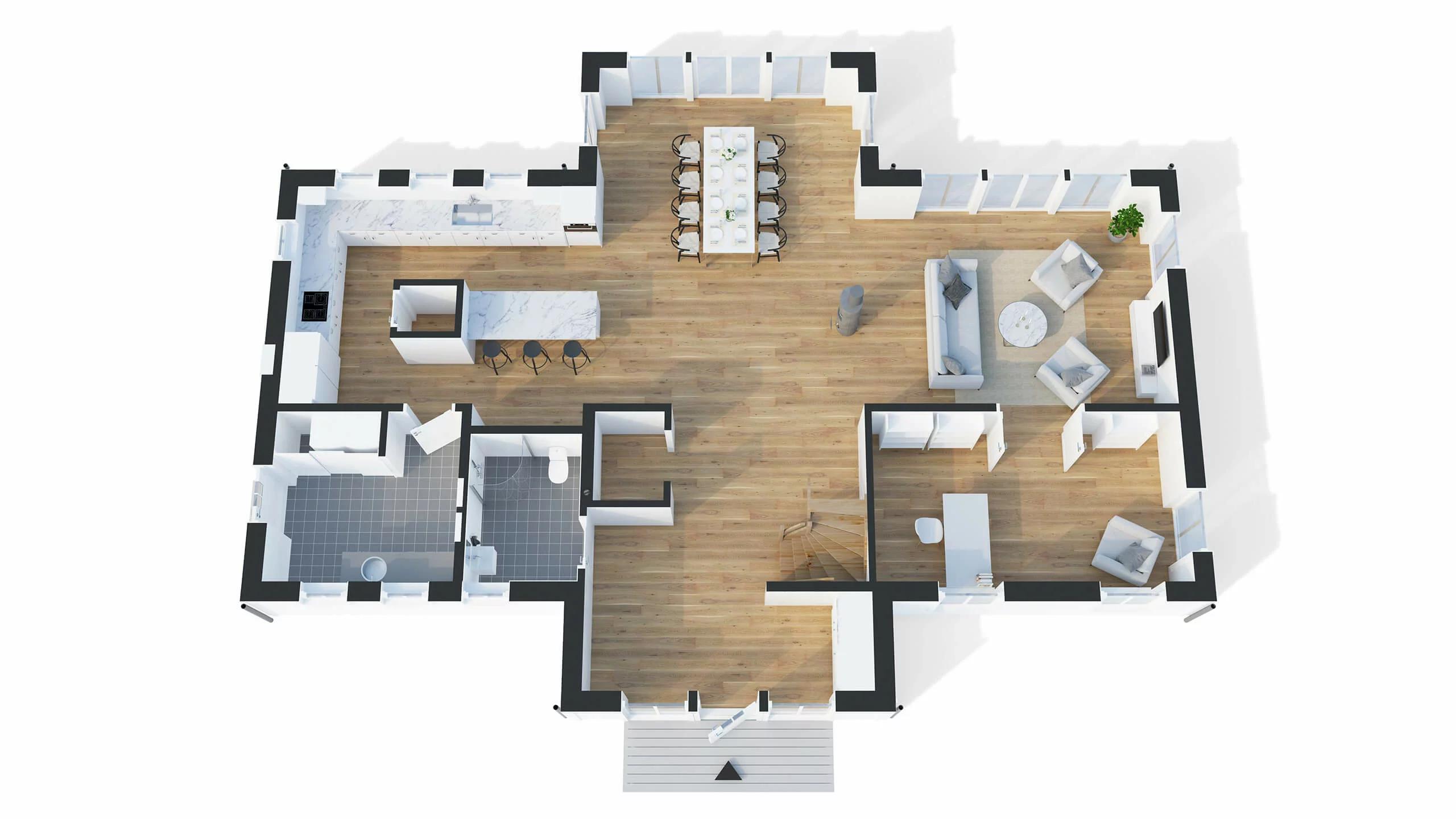 trivselhus villa danderyd planlösning 3D entréplan spegelvänd